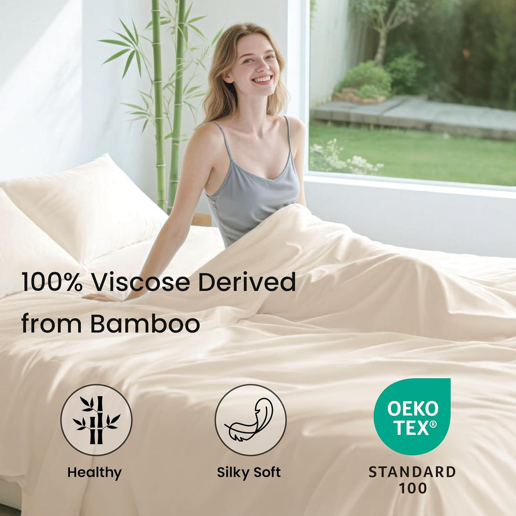 4 Piece King Sheet Set, 100% Rayon Derived from Bamboo, Cooling & Breathable, Soft Silky Deep Pocket up to 16", Hotel