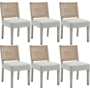 Upholstered Dining Chairs Set of 6, Boho Coastal Dining Room Chairs with Natural Woven Rope Back White Gray Washed