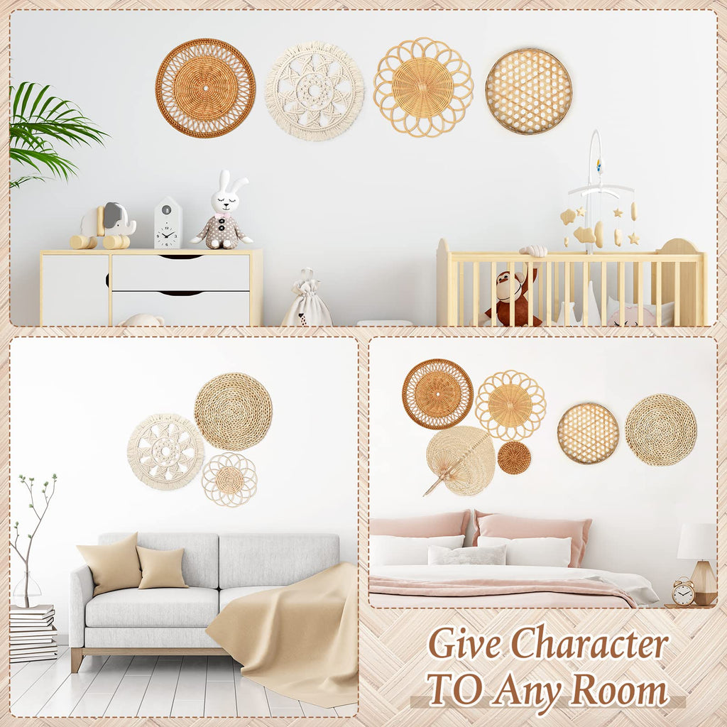 8 Set Boho Wall Basket Decor Woven Rattan Flat Baskets