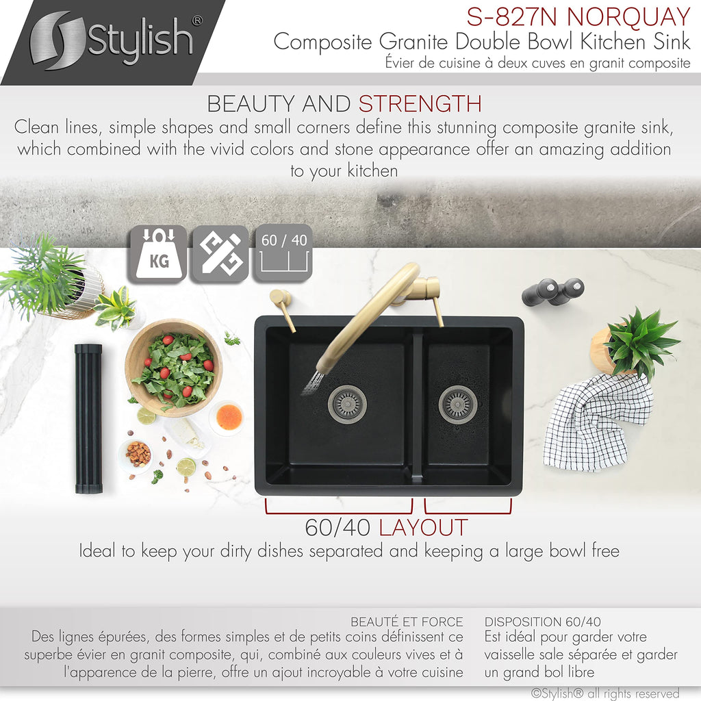 27.25 x 18.75 Inch Drop In or Undermount Kitchen Sink Double Bowl Workstation 9.5 Inches Deep Granite Composite