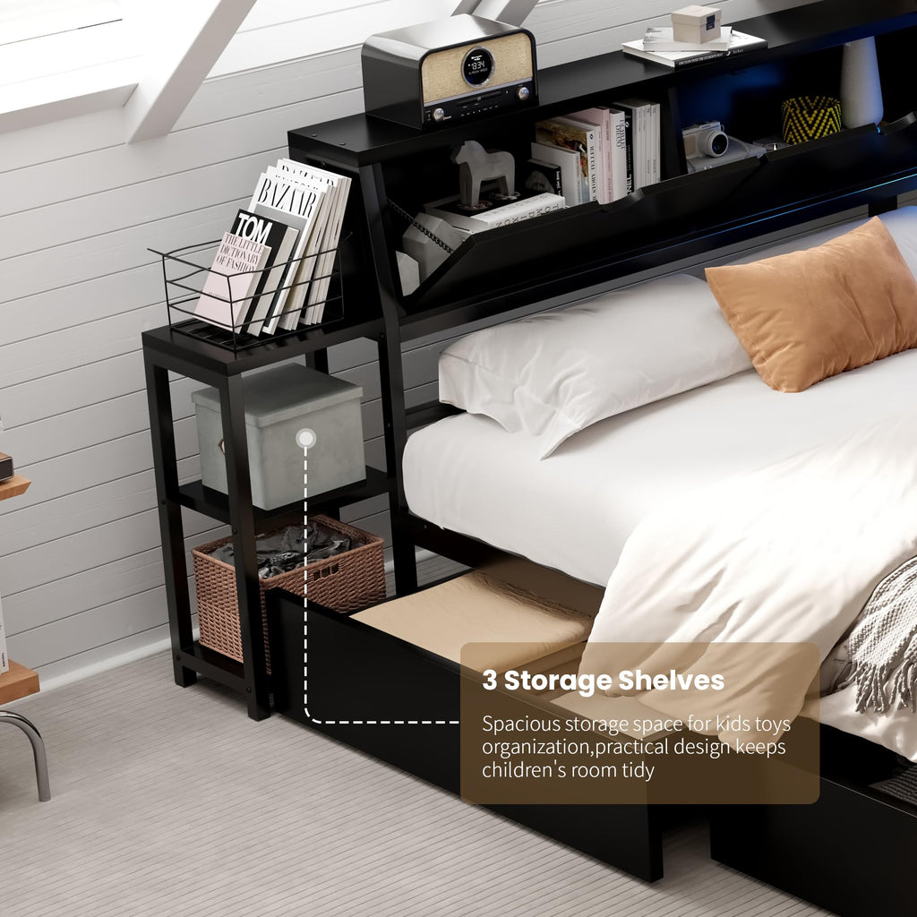 Corner Bed Frame with Storage Bookcase and Led Lights, Twin Size Metal Platform Bed Frame with Storage Drawers and