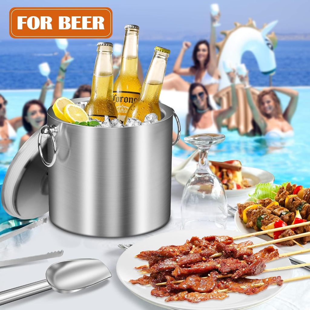 Ice Bucket with Lid & Tong- Well Made Insulated Stainless Steel Keep Ice Frozen Longer