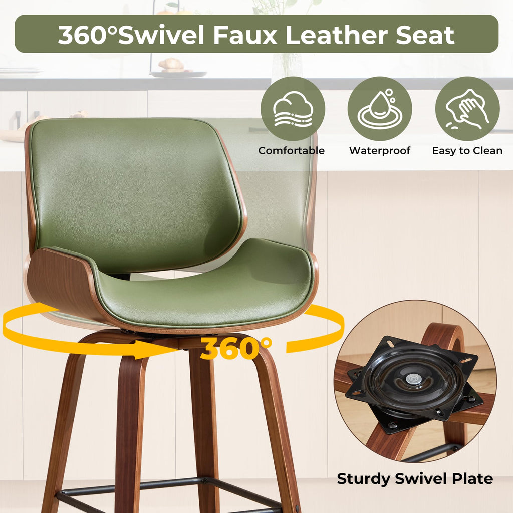 Swivel Bar Stools Set of 2, 24" Upholstered Faux Leather Barstools, Mid Century Modern Counter Height Barstools with