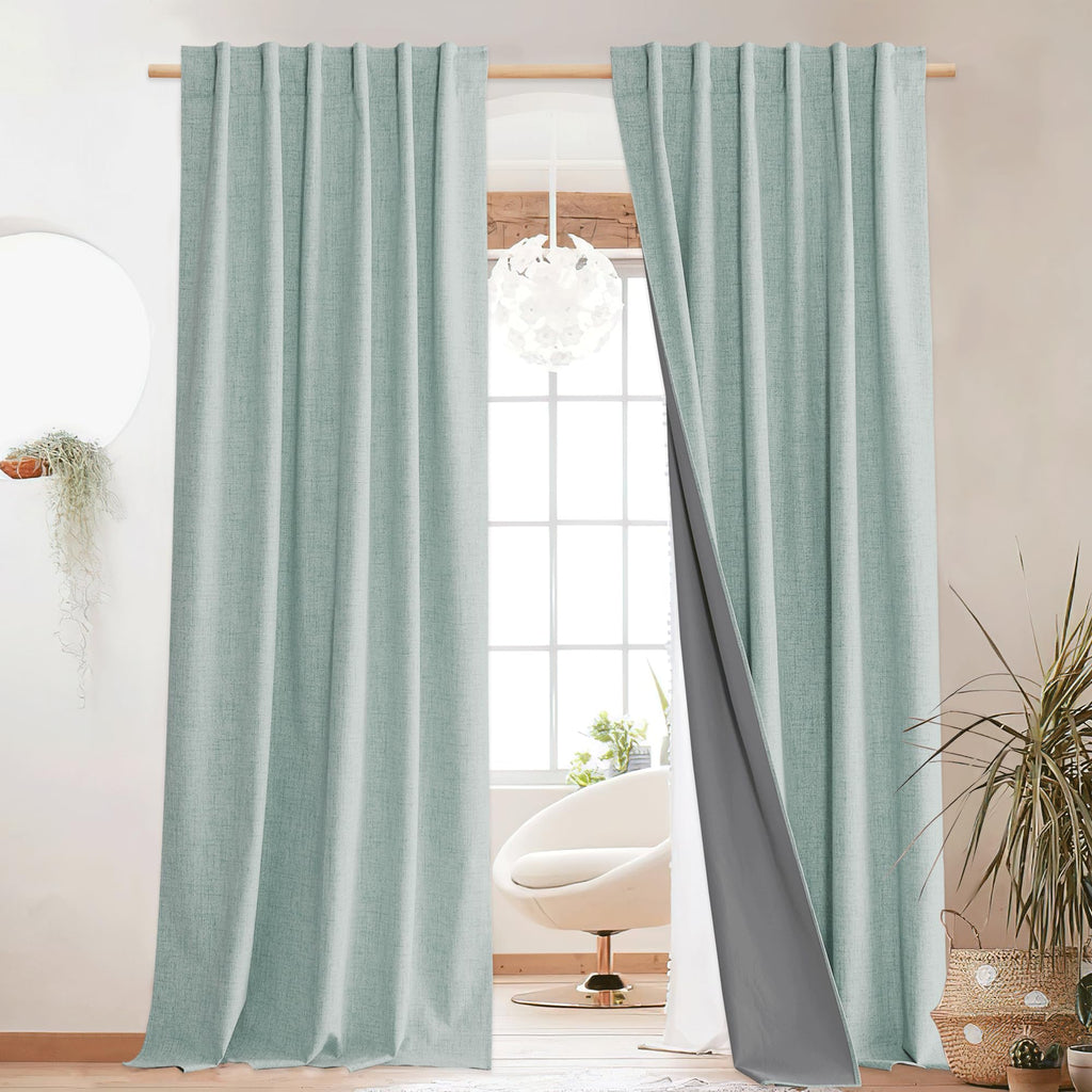 Full Blackout Linen Curtains 102" Length with Thermal Insulated Liner, Farmhouse Style Keep Cool & Warm Large Window