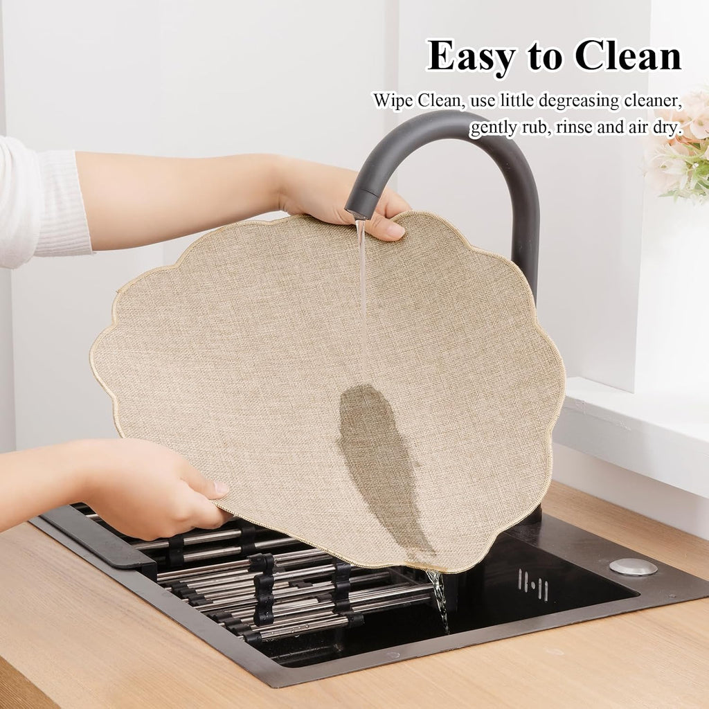 Scalloped Round Placemats Polyester Linen Blend 15 inch Washable Non Slip Place Mats Easy Clean Heat - Set of 6