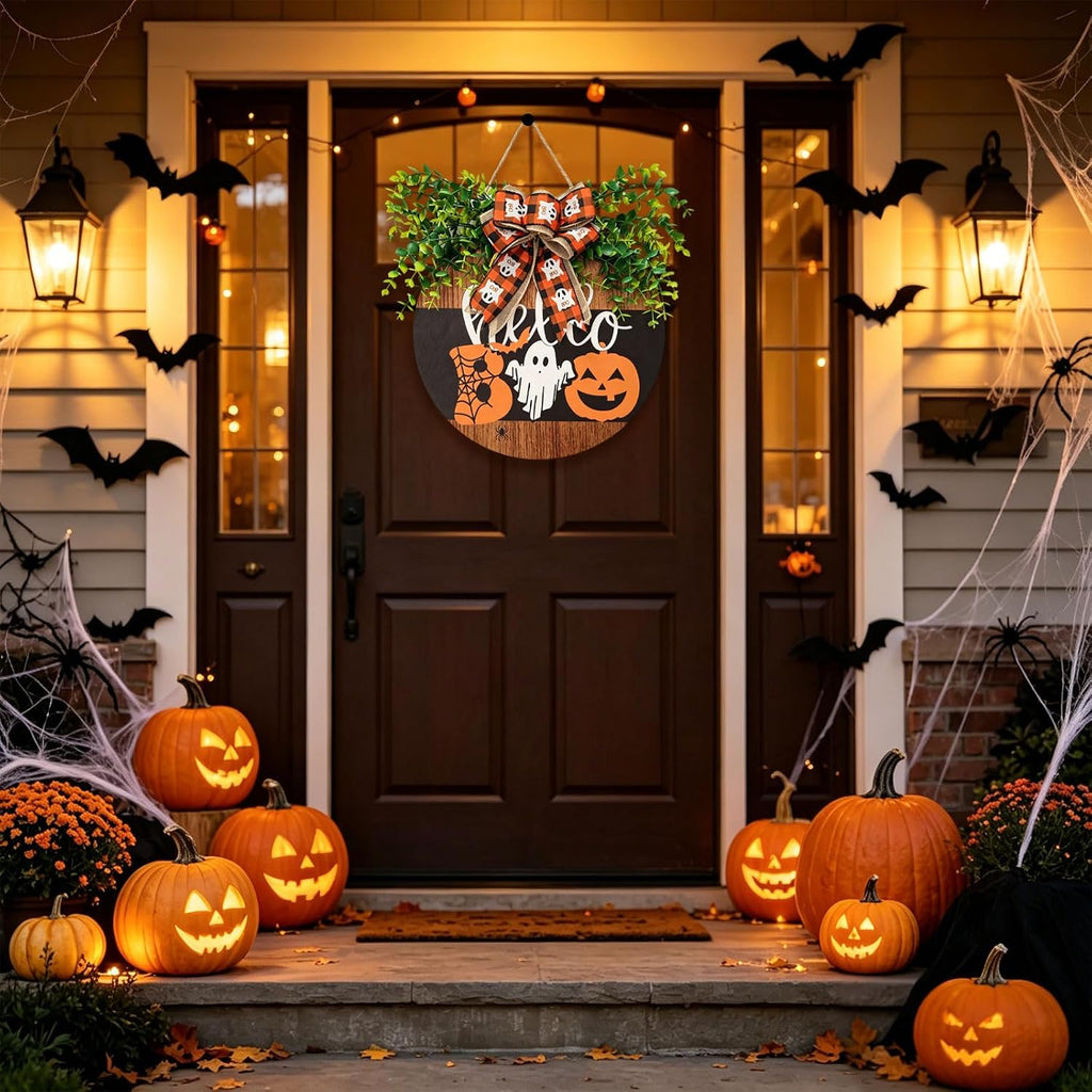 Halloween Boo Wreath Round Decorative Sign with Ghost and Pumpkin