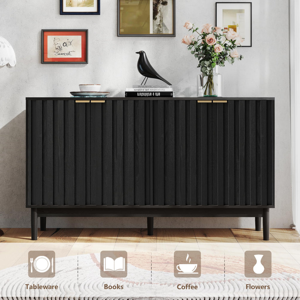 55" Fluted Buffet Cabinet with Storage, Accent Cabinets, Black