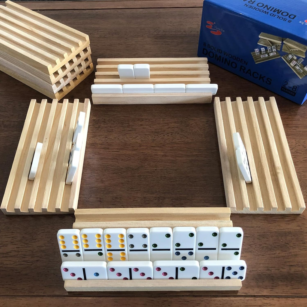 Domino Holder Trays Rack Wooden Tiles Stand Holders for Mexican Train Rummy Chickenfoot - Set of 8