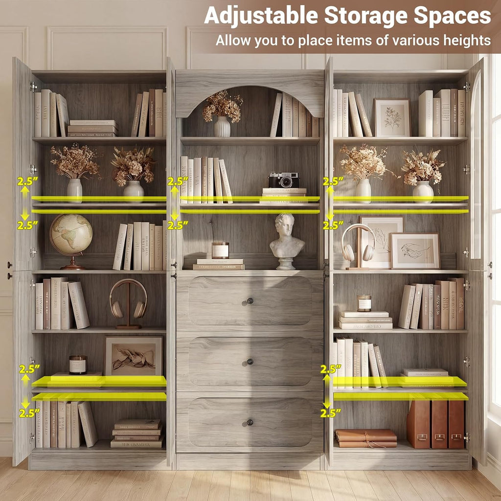 80" Tall Bookcase System with 3 Drawers & Tempered Glass Doors | Arched Bookshelf with Flush Wall Fit, Wooden Pantry