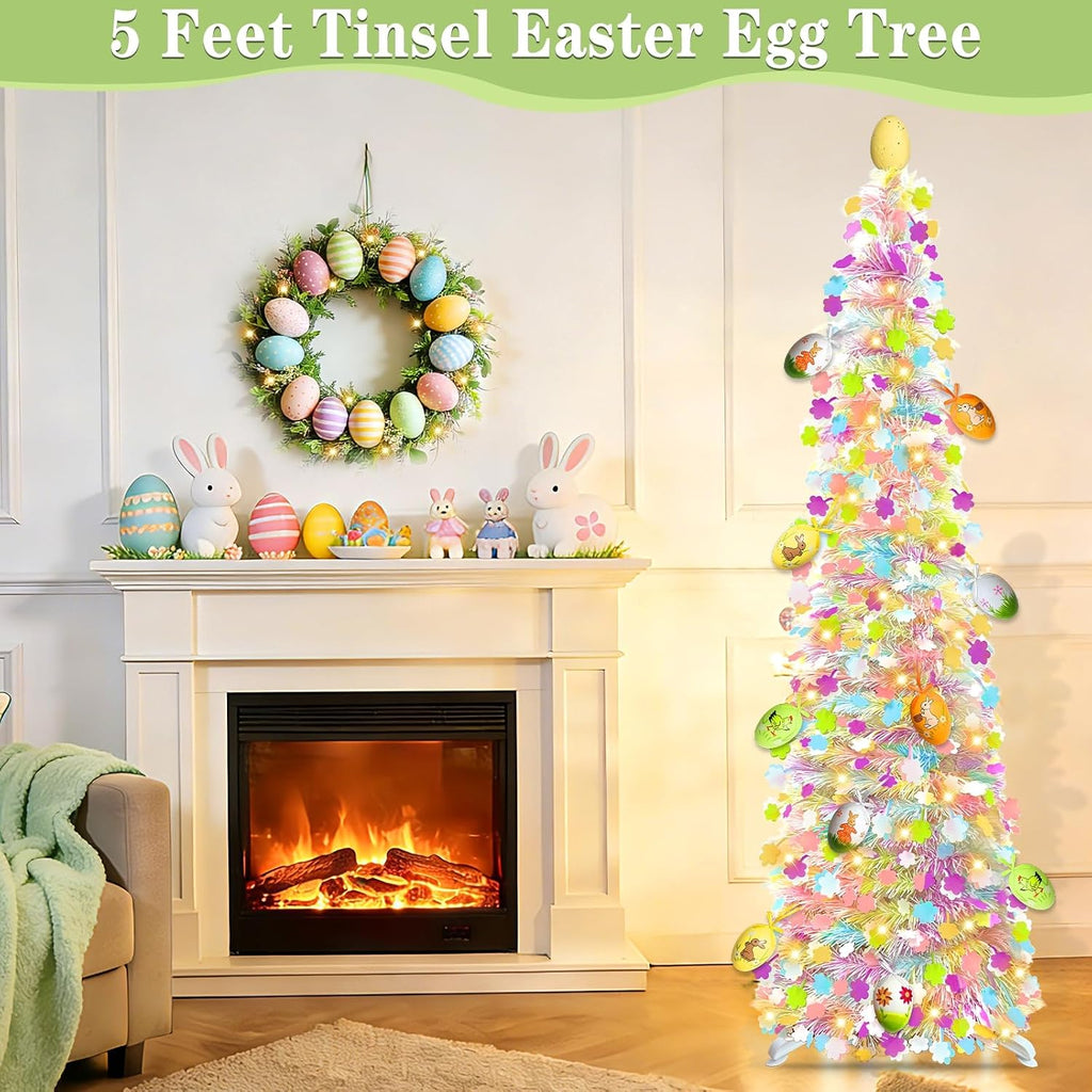 Timer - Easter Decorations, 5Ft Lighted Easter Tree with 50 LED Warm White Lights 12 Colorful Eggs Ornaments Battery