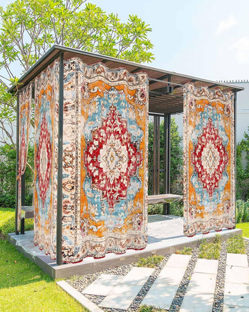 Orange Boho Outdoor Curtain Waterproof, Vintage Ethnic Geometric Weatherproof Outside Curtains with Grommet Top