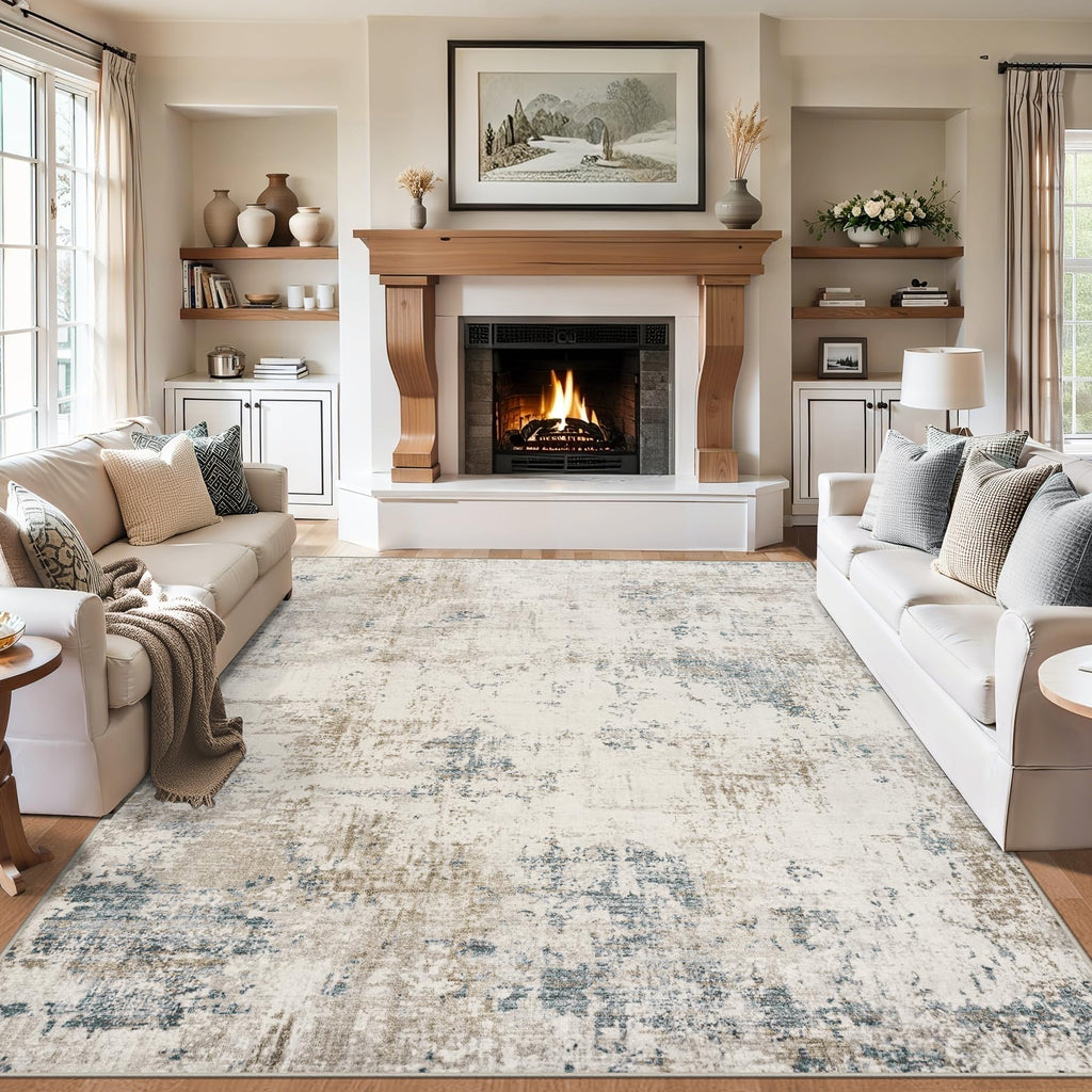 Area Rug Living Room: Modern Abstract Washable Carpet Beige