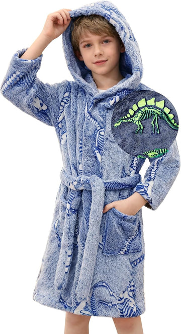 Boys Girls Robe Fleece Soft Hooded Bathrobes with Belt