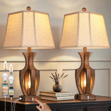 26" Farmhouse Table Lamps Set of 2, 3-Way Touch Dimmable Nightstand Lamp with USB A+C Charging Port, Vintage Bedside