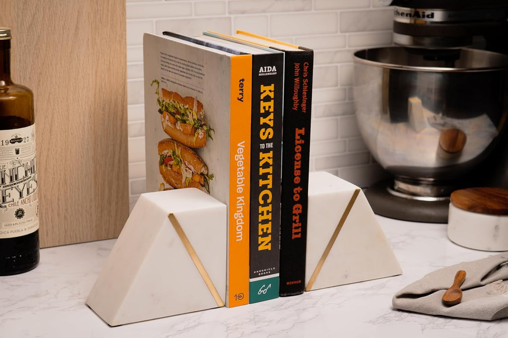White Marble Bookends with Gold Brass, White, Set of 2 | Heavy Book Ends for Shelves, Solid Stone Bookshelf Decor