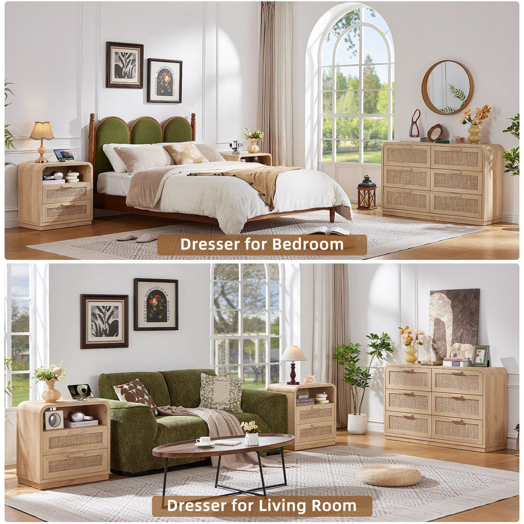 Rattan 6 Drawer Dresser, Natural Wood