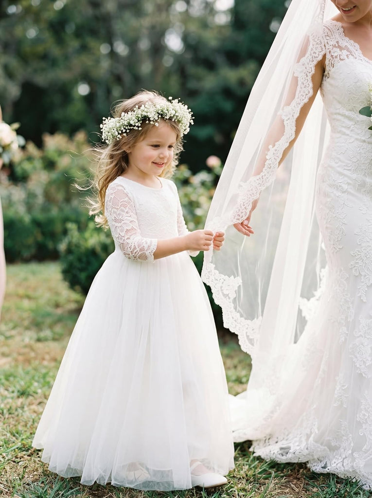 Flower Girl Dress Long Sleeve First Communion Dress Lace/Tulle Toddler Dresses for Wedding Bridesmaid Garden Party