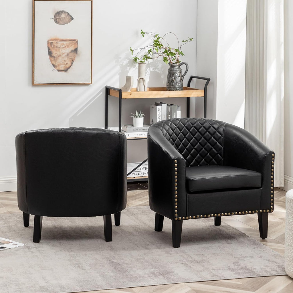29" W Faux Leather Tufted PU Barrel Club Chairs, Black - Set of 2