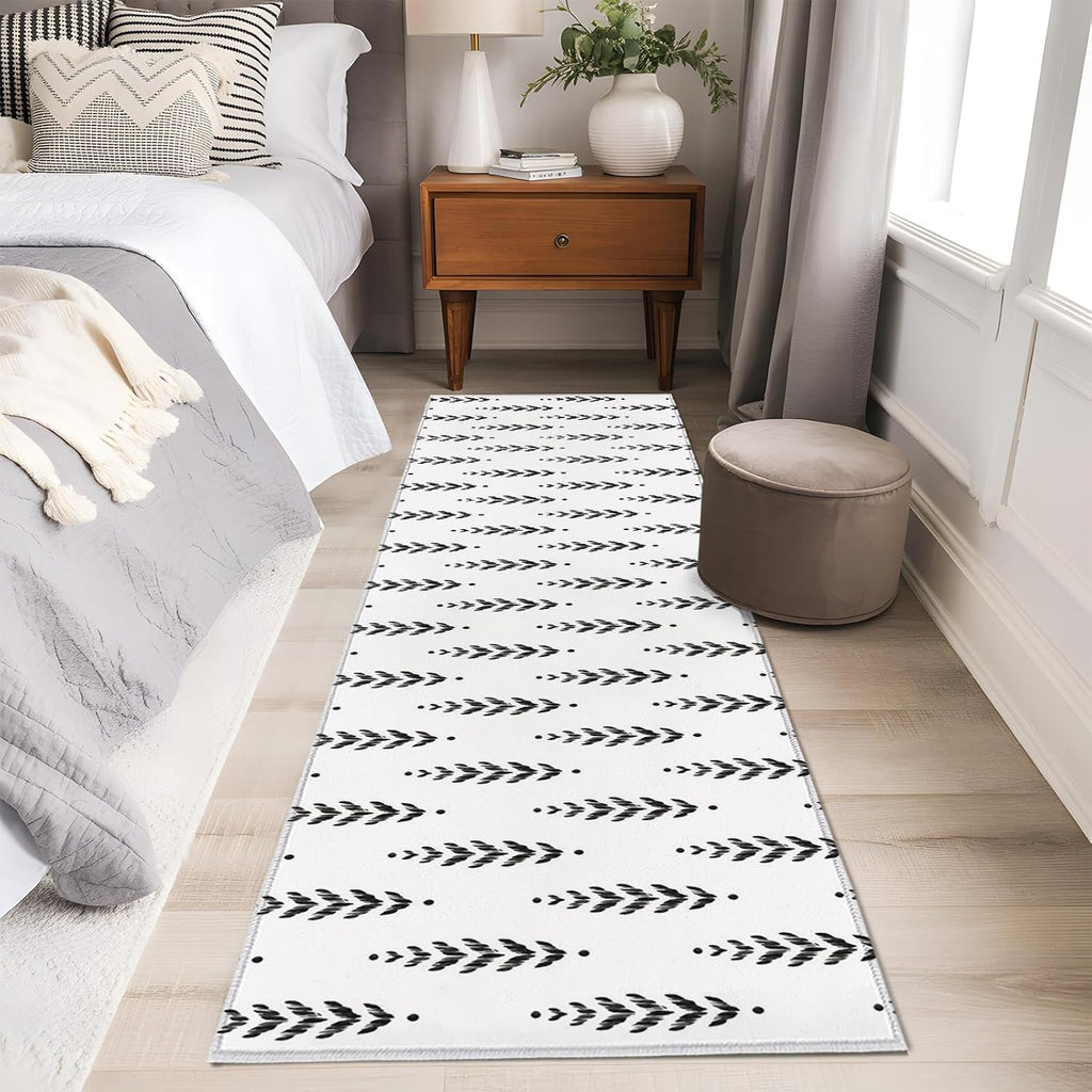 Rectangle Rug,Modern Scandi Botanical Leaves Washable Area Rugs Non-Slip Accent Rug Minimalist Black Leaf on