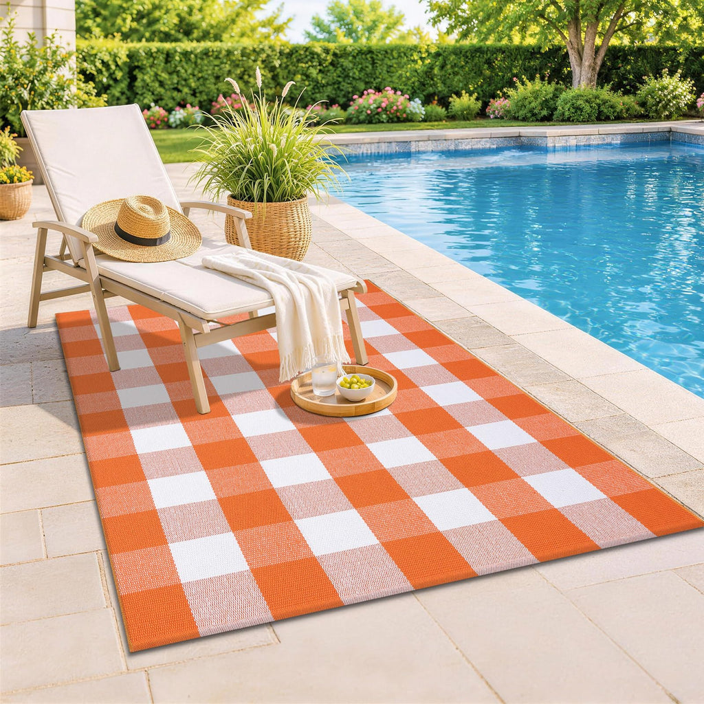 Orange and White Buffalo Plaid Rug 3x5, Indoor Outdoor Rug