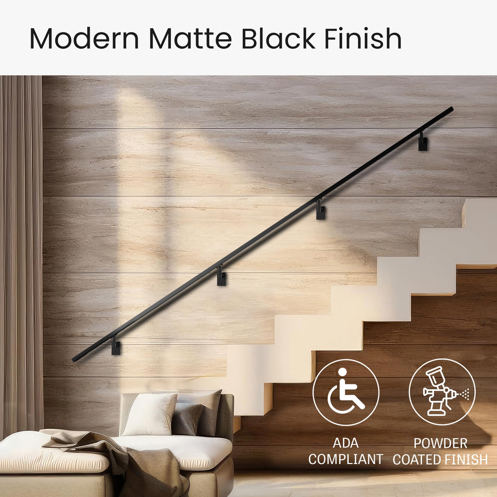 Modern Aluminum Handrail Complete DIY Kit - Matte Black with Adjustable Wall Mount Brackets Included (4' Length)