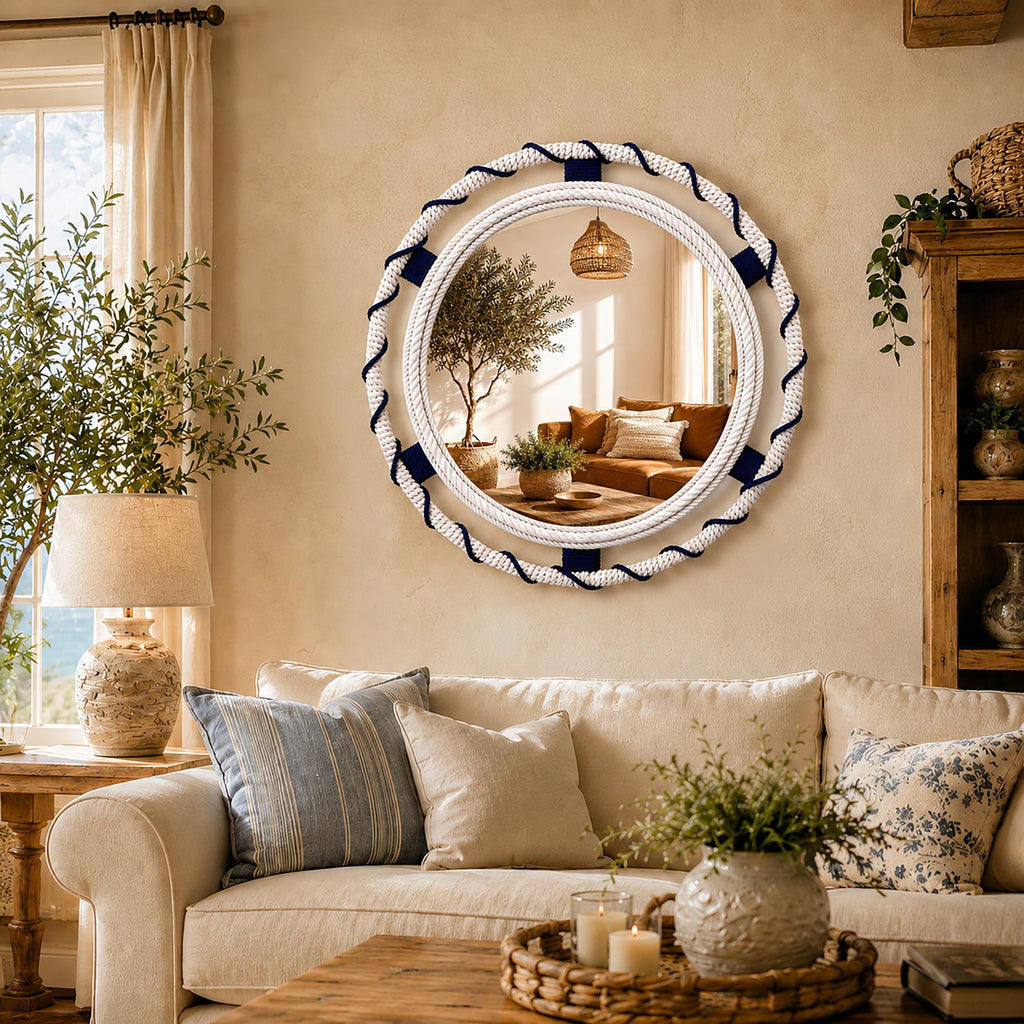 30" Round Nautical Rope Wall Mirror, Coastal White Navy Bands