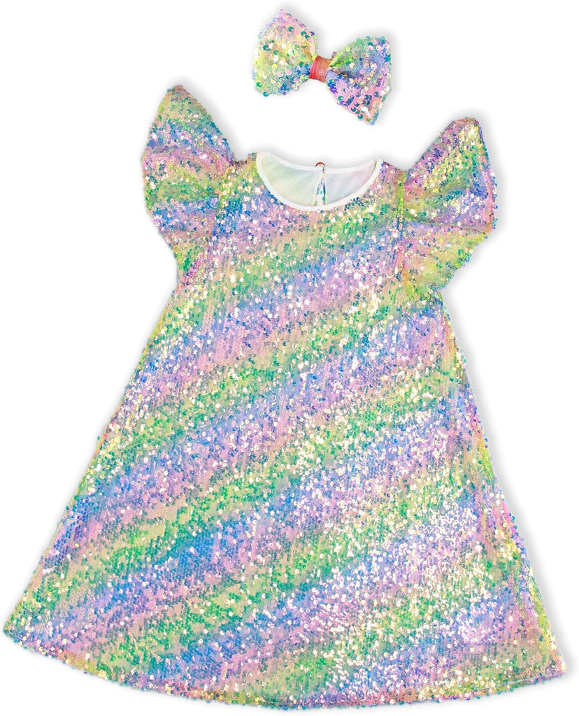 Sequin Dress Shiny Short Flutter Sleeve Midi Sparkly Party Dress with Hairbow