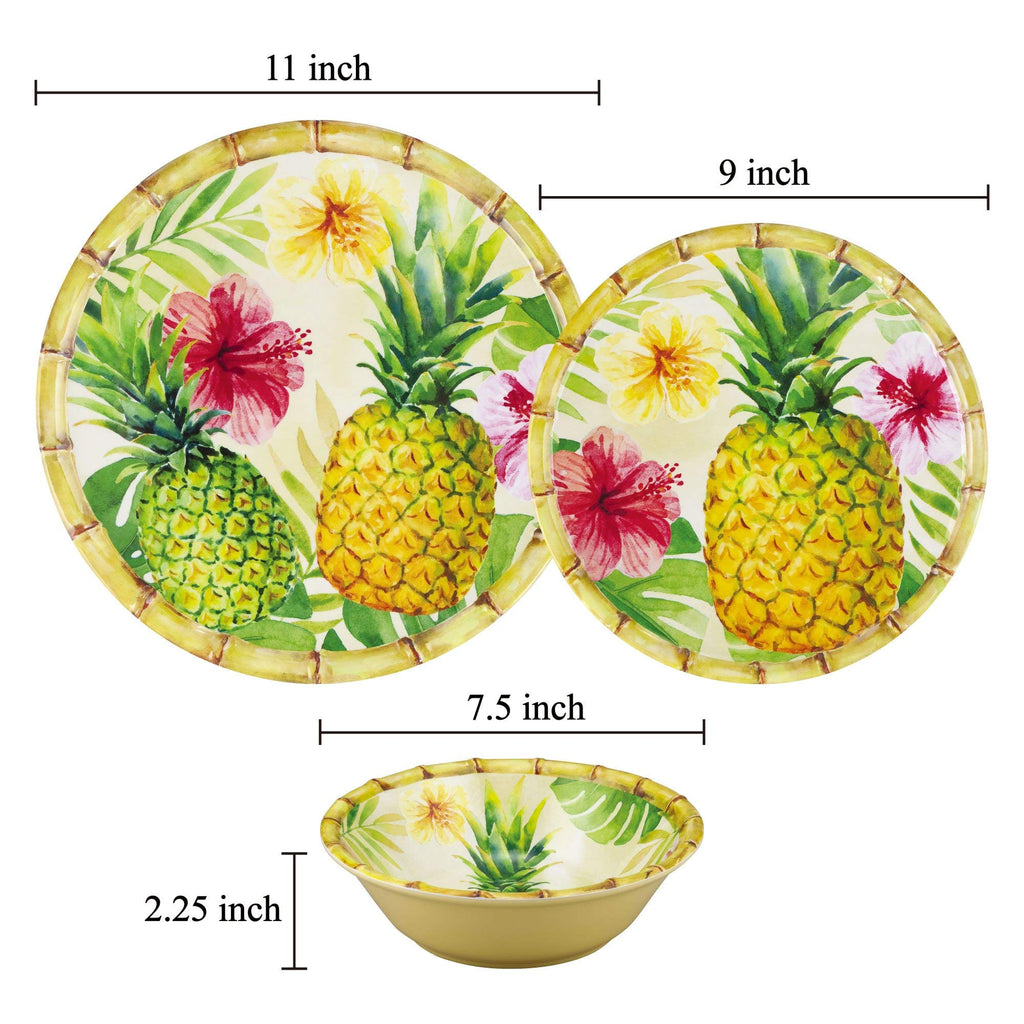 12 Piece Pineapple Melamine Dinnerware Sets, Outdoor Dishes Set, Plates and Bowls Sets, Service for 4, Multicolor