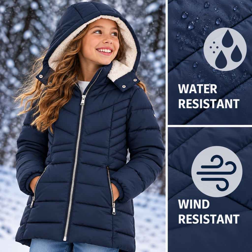 Girls Winter Jacket, Kids Anorak Sherpa Lined Hooded Puffer Coat