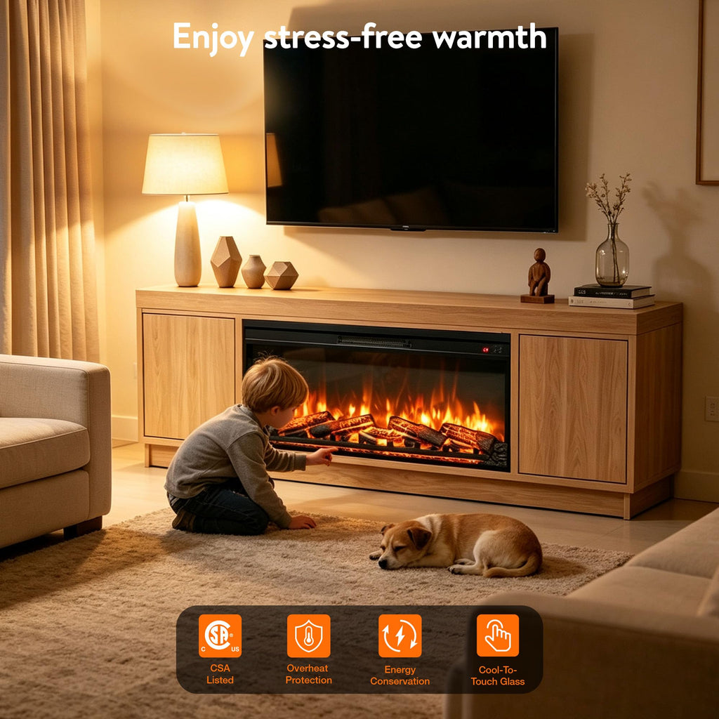 42" Electric Fireplace Insert, Realistic Flame & Log Set, 4-Level Brightness, 1400W Fireplace Heater with Thermostat