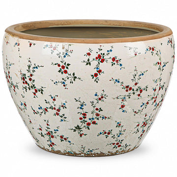 10" Large Country Ceramic Pots Beige Vintage Floral Planters Decorative Plant Pot Wide Mouth with Drainage Hole for