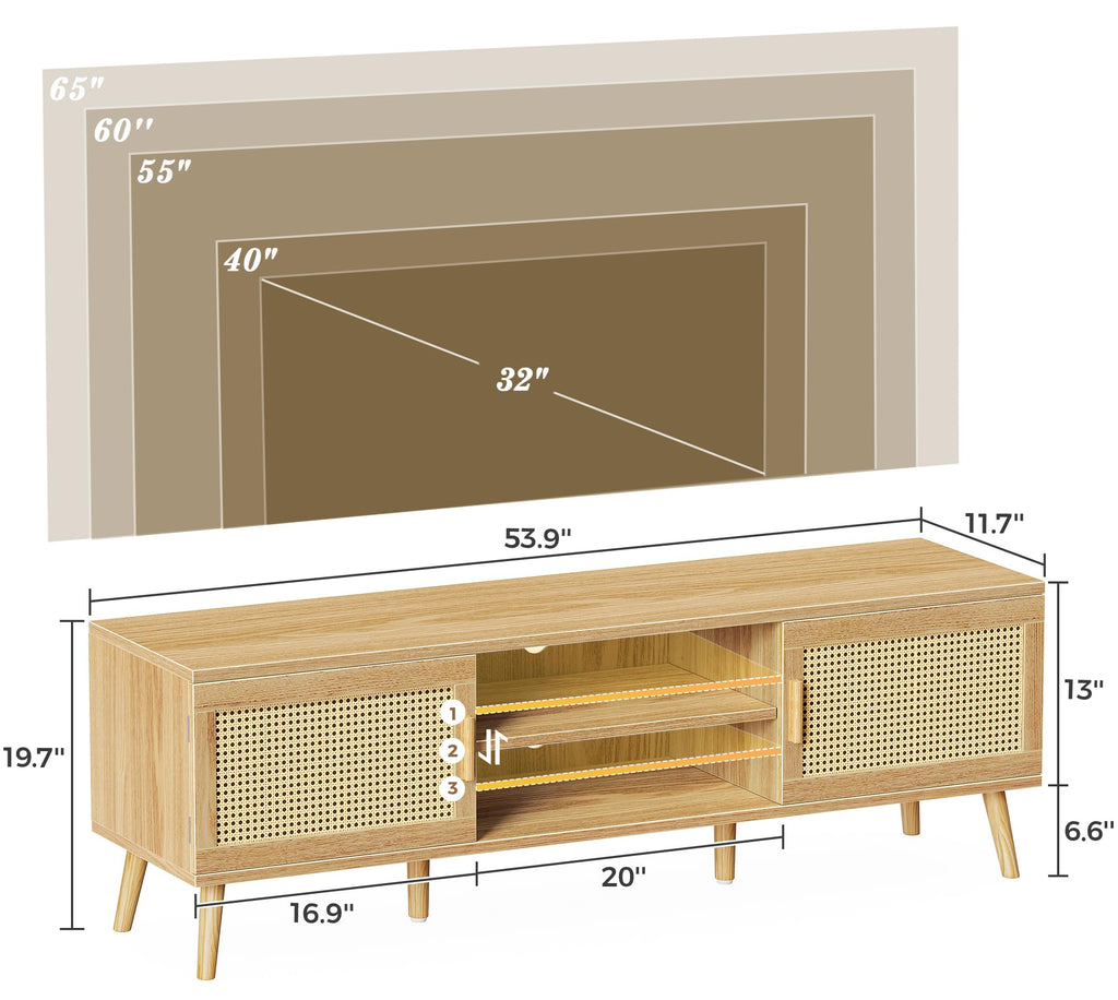 Boho TV Stand for 65 Inch TV, Entertainment Center with Adjustable Shelf, Rattan TV Console with 2 Cabinets, Media