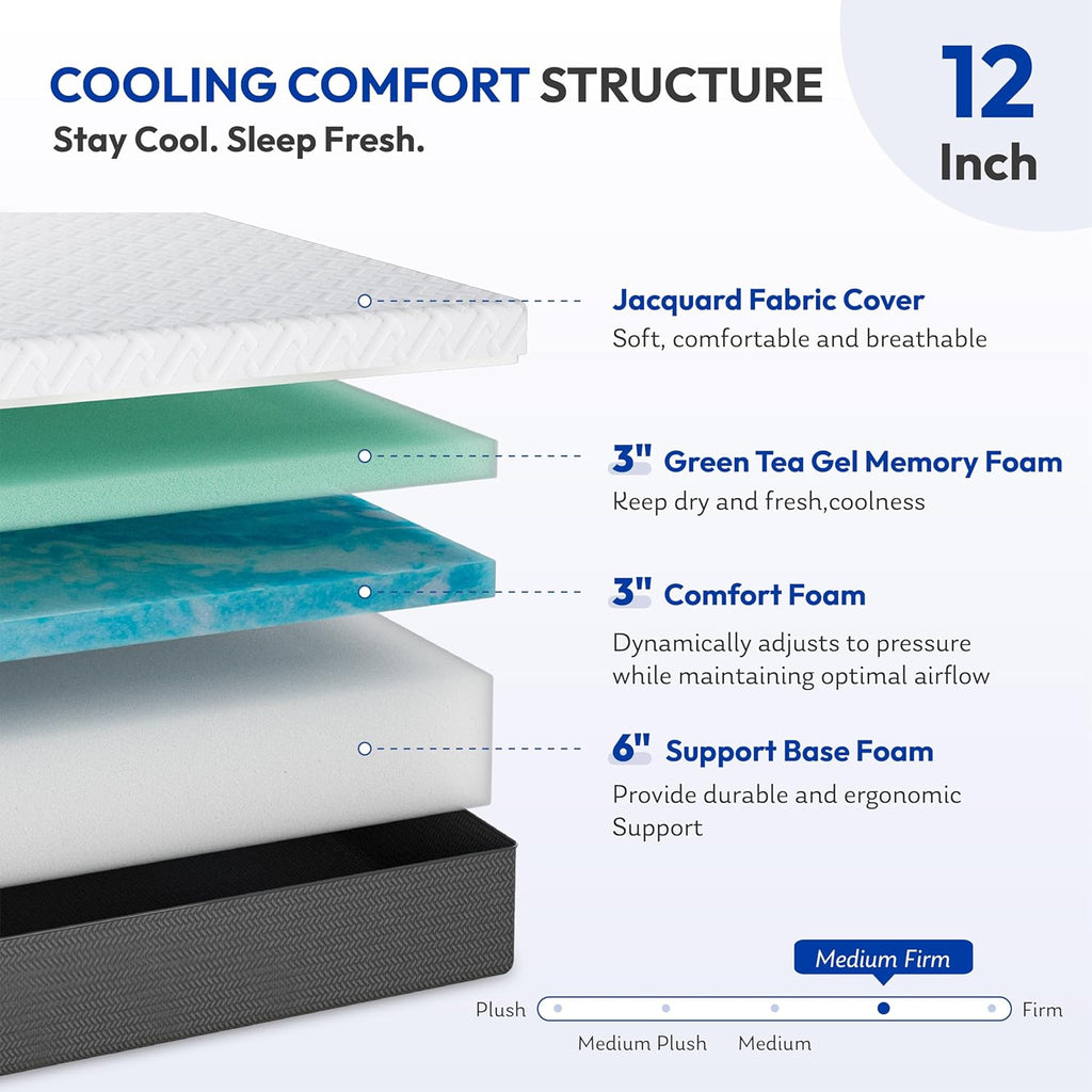 Queen Memory Foam Mattress, 12 Inch Queen Size Mattress in a Box, Green Tea Gel Infused Foam for Pressure Relief and
