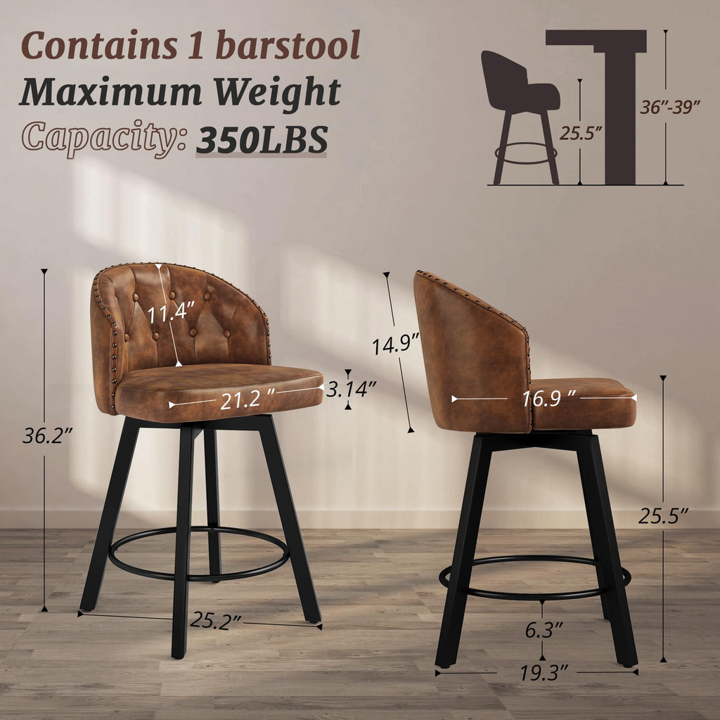 Counter Height Bar Stools, 26" Swivel Faux Leather Upholstered Bar Stool with Backs and Metal Legs, Retro Counter