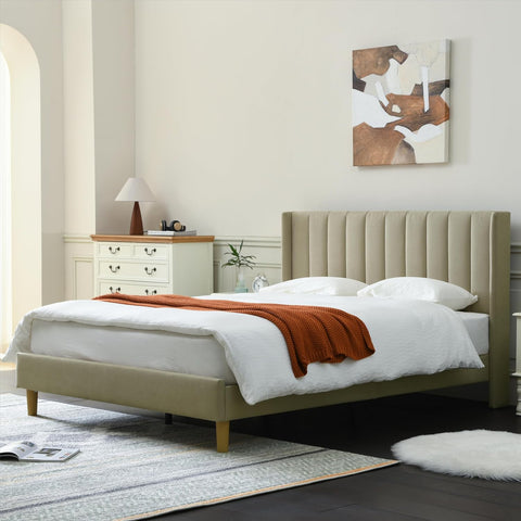 Upholstered Platform Bed Frame/Queen Bed Frame/Modern Geometric Double-Wing Design headboard/Linen Fabric/Easy to