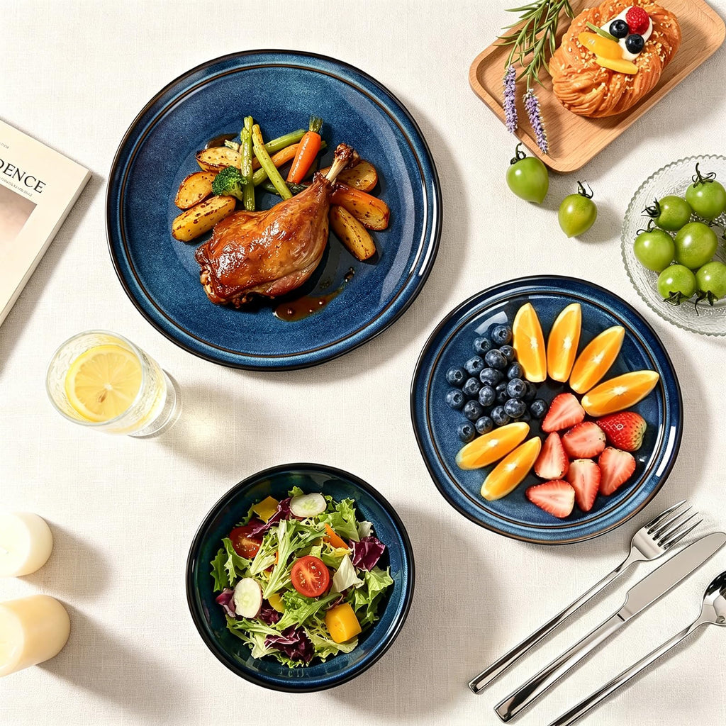 Plates and Bowls Sets 12 Pieces, Blue Reactive Glaze Dinnerware Set