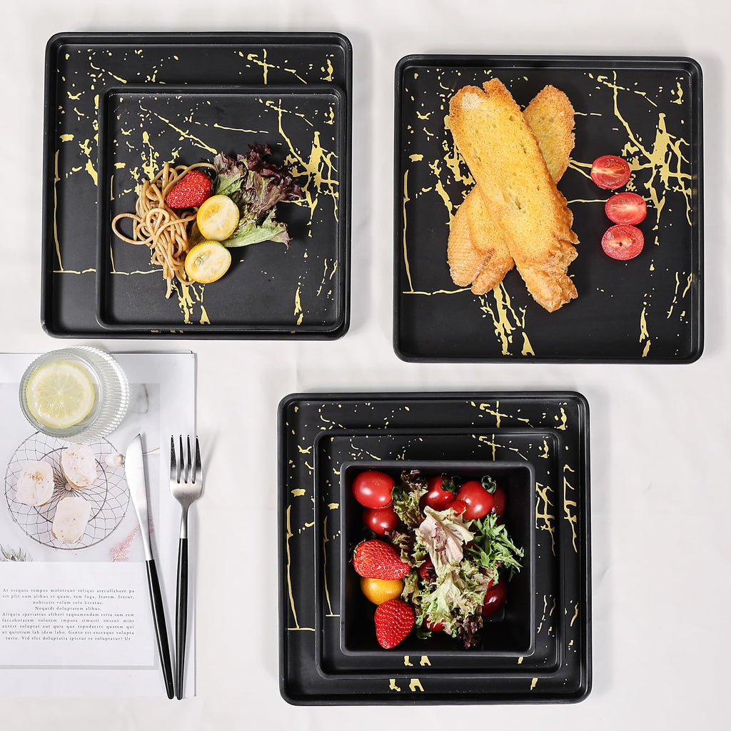 Melamine Dinnerware Sets - 12pcs Square Plates and Bowls Sets For 4, Indoor Outdoor Use, Dishwasher Safe, Black & Gold