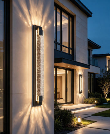 31.5in Modern LED Outdoor Wall Sconces Crystal Bubble Glass Black Exterior Lights, Long Linear Porch Lights Outside