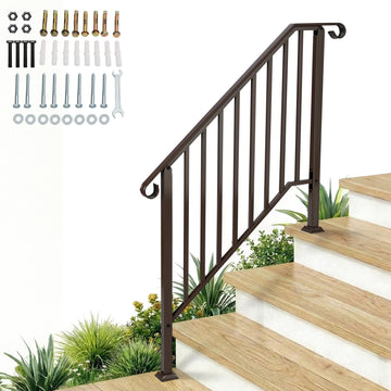 Handrails for Outdoor Steps, Wrought Iron Handrail Fits 3 or 4 Steps, Transitional Handrail with Installation Kit &