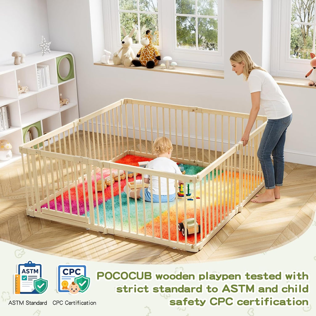64x64in Foldable Wooden Baby Playpen with Gate, Child Safety Lock, CPC Certified Indoor Play Yard with Suction Cups