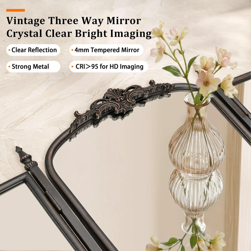 Black Vanity Trifold Mirror: 40"x28" Vintage Arch Three Way Mirror