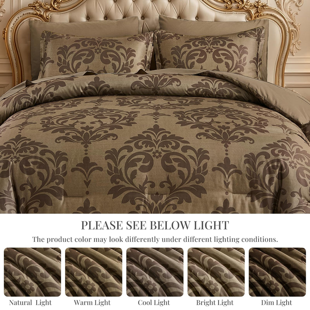 Queen Luxury Comforter Set Dark Brown 7 Piece Boho Damask Bedding