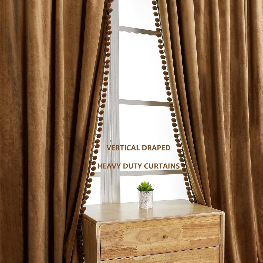 Camel Velvet Pom Pom Blackout Curtains 52x96 Inch 2 Panels | Blackout, Super soft velvet,vintage, luxury, thermal