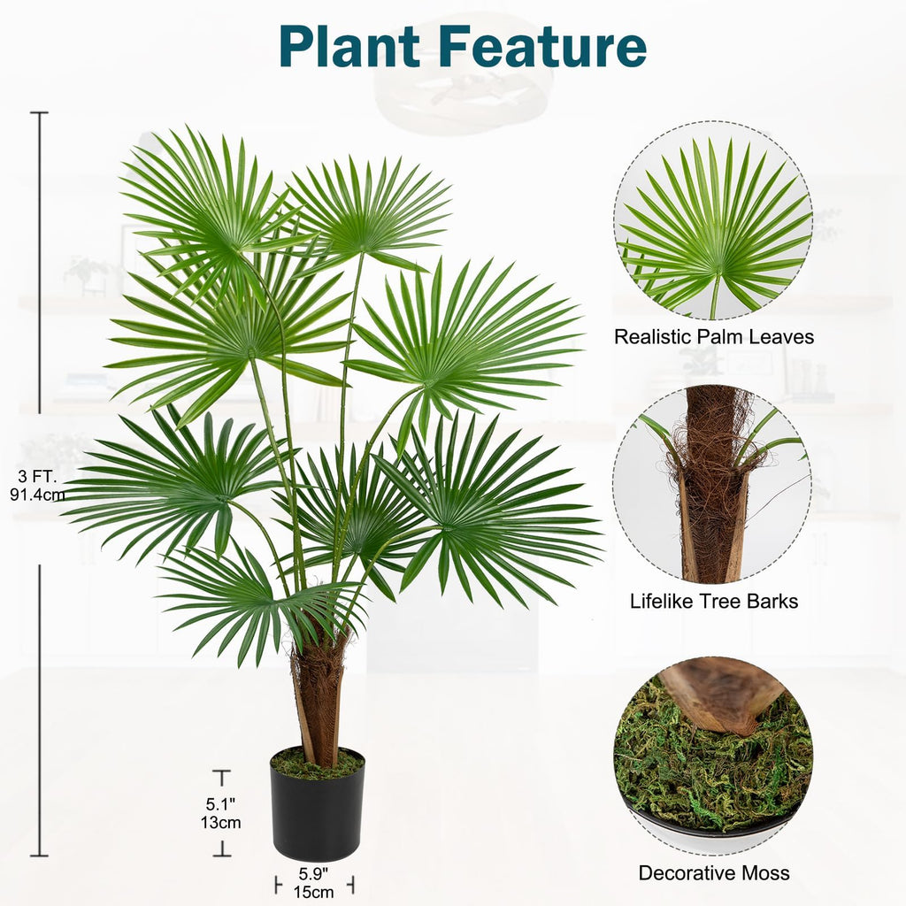 Artificial Plant Fake Fan Palm Tree Faux Tropical Palm Plant in Pot Indoor Office Living Room Bedroom Decoration 3ft