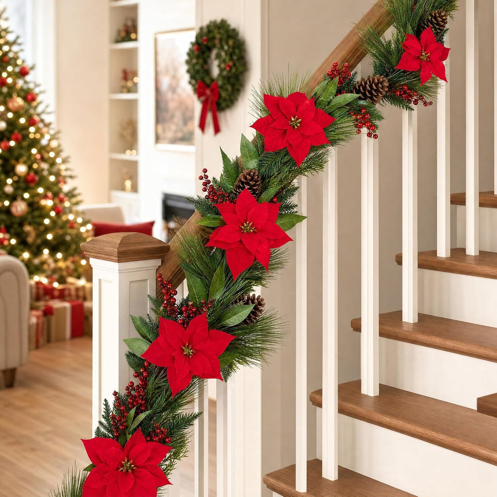 Christmas Pine Garland with Red Poinsettias, Pine Cones & Berries
