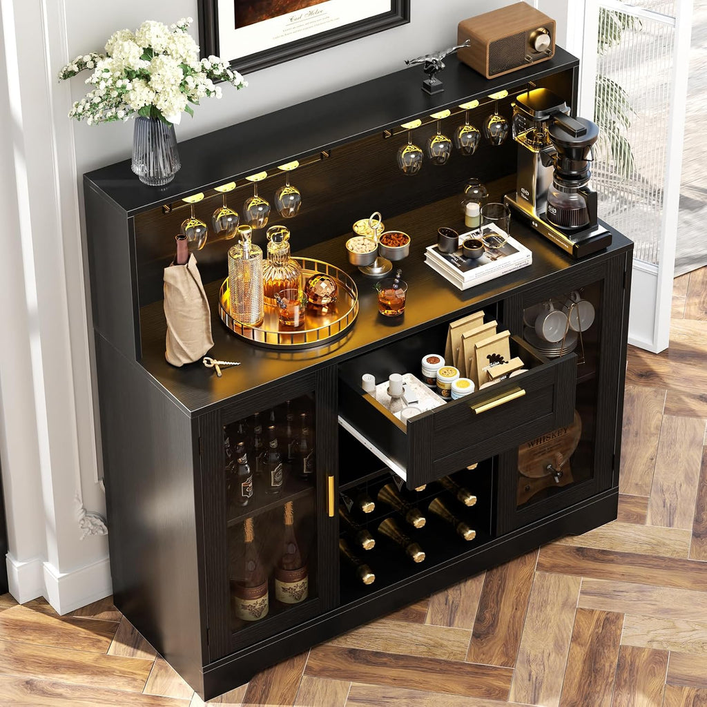 Coffee Bar Cabinet with LED Light and Storage Hutch, Black | Liquor Wine Bar Cabinet with Drawer, Wine Rack, Glass