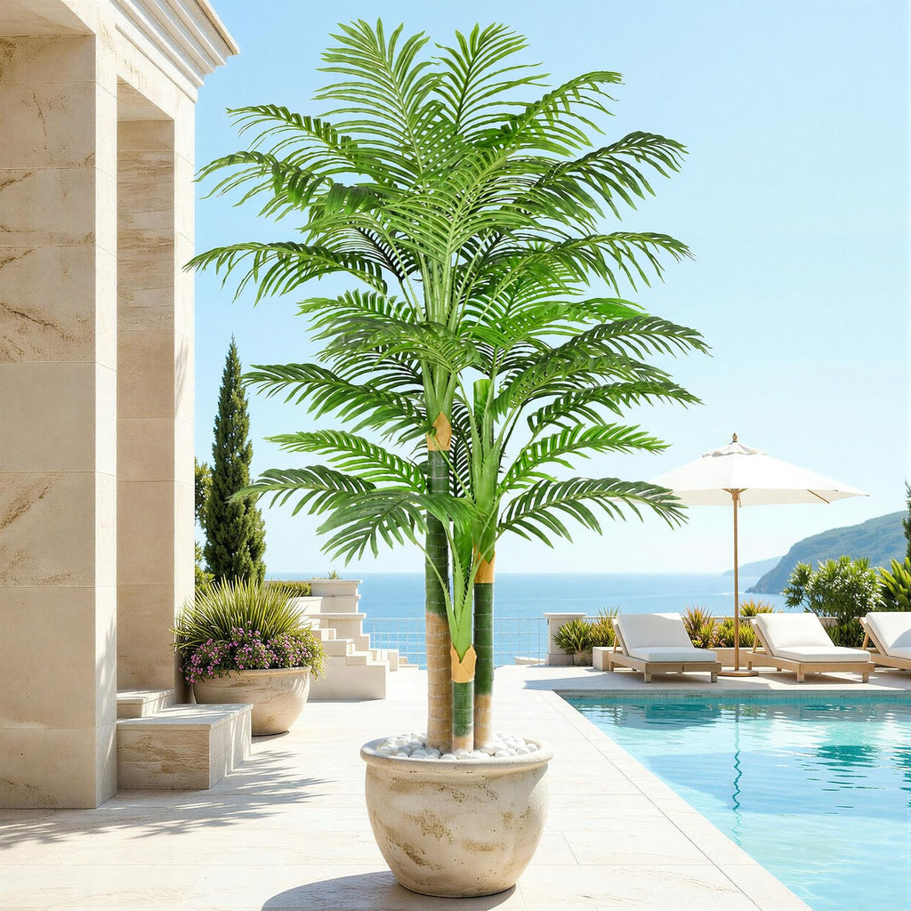 7ft Triple Golden Cane Palm Artificial Tree, Tall Faux Palm Tree with 33 Realistic Leaves, UV Resistant Fake Tropical