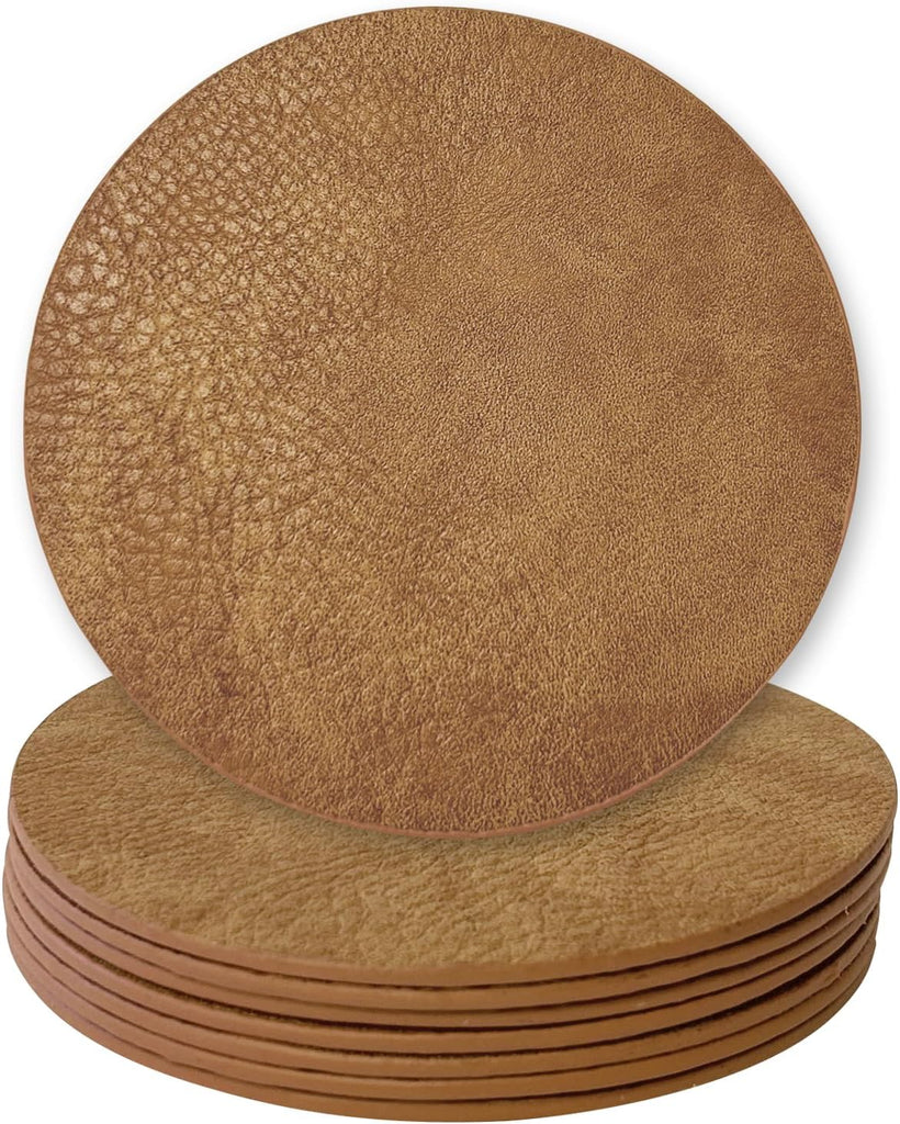 Morgan Faux Leather 4 Inch Round Coasters, Heat & Water Absorbent, Natural Style, Drinks Tabletop Home - Set of 8