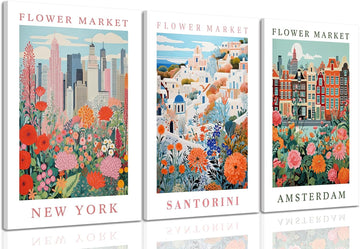 3 Piece Flower Market Wall Art City Floral Canvas Wall Art Colorful City Flower Pictures Wall Decor Vintage Travel