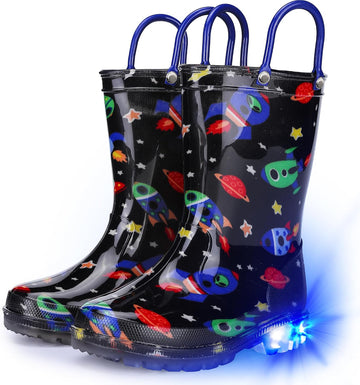 Toddler Rain Boots Boys Rain Boots - Patterns Light Up Kids Rain Boots with Easy-On Handles Lightwight Waterproof